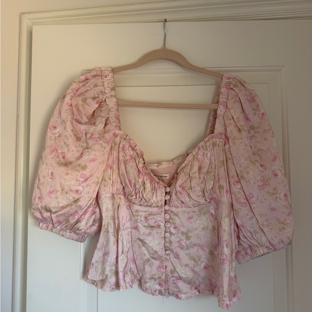 For Love & Lemons Pink Floral Puff-Sleeve Blouse